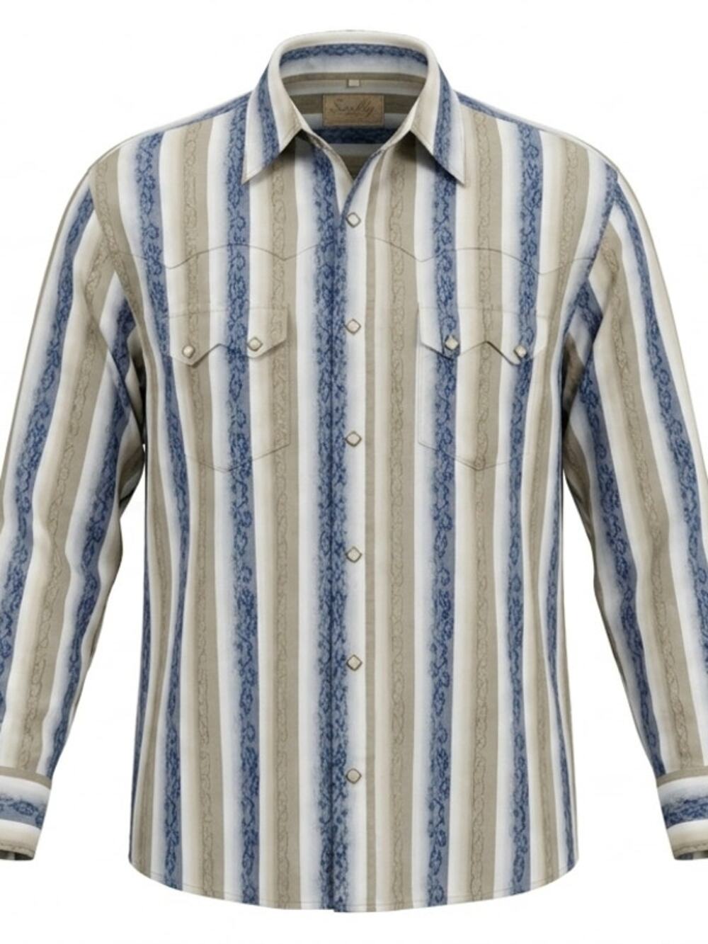 Scully Western Pearl Snap Striped Long Sleeve Shirt Blue Beige Men Size XL